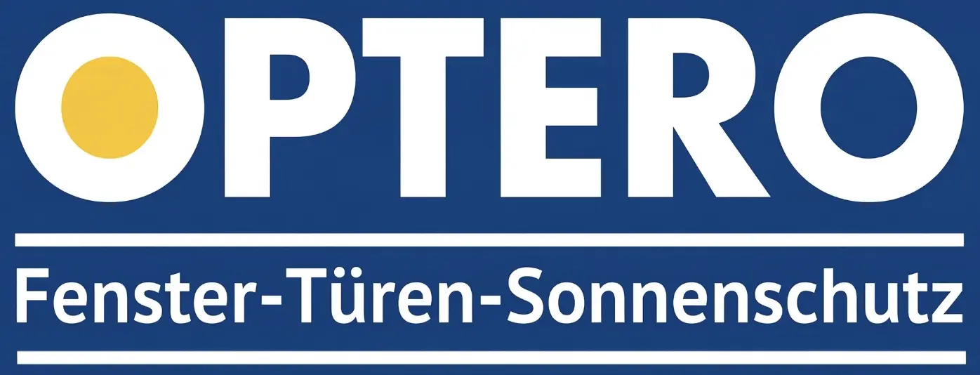 Man sieht der OPTERO Logo, OPTERO steht groß oberhalt einer Linie darunter kleiner Fenster - Türen - Sonnenschutz und dann kommt wieder eine längere Linie, daher ist es ein Wort Logo mit Blauen Hintergrund